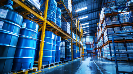 Interior of a large industrial warehouse with metallic blue barrels and aluminum goods stored on racks.