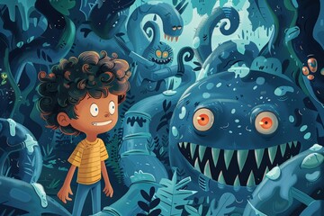 A fun, interactive illustration where kids can help character navigate through maze find healthy snacks that are good for teeth, Illustration boy amidst dark, vibrant forest mysterious, monstrous.