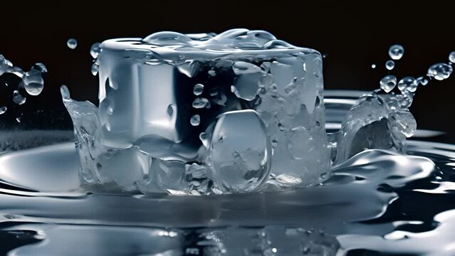 An ice cube releasing water in a splash.