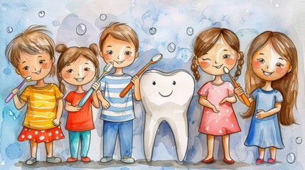 group children happily brush their teeth, Watercolor illustration six children with diverse hairstyles, smiling as they brush their teeth around large, smiling tooth. Artistic style invokes soft.