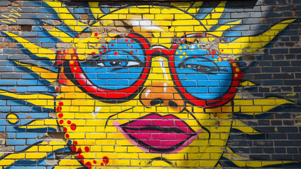 Pop art comic street graffiti with a sunglasses sun on a brick wall. Summer concept background.