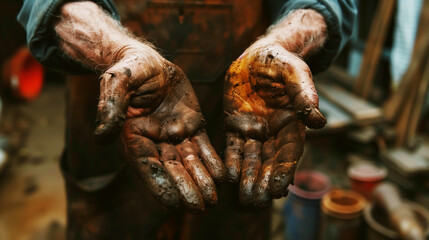 Close-up photo of a worker's hands covered in dirt and grime, demonstrating hard work and labor. - Powered by Adobe