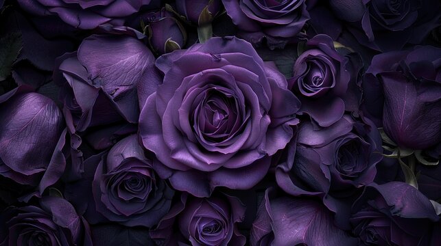 A luxurious backdrop of dark purple roses a single purple rose standing out against a black background a greeting card adorned with exquisite roses all captured in a rich dark toned image - Powered by Adobe