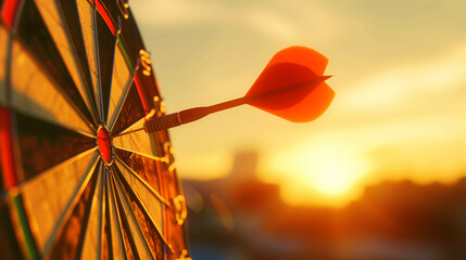 Close-up image of a dart hitting the bullseye on a colorful dartboard during sunset.