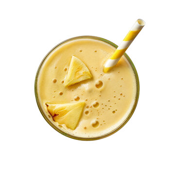 glass of fresh pineapple juice isolated on white background, top view
