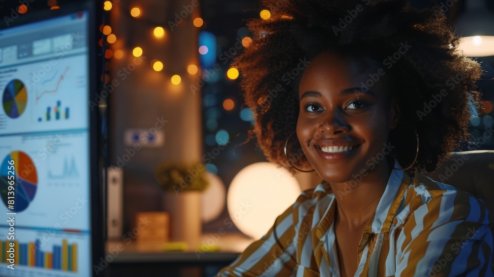 Poster the portrait portrays a happy successful black businesswoman in the evening checking data and statis
