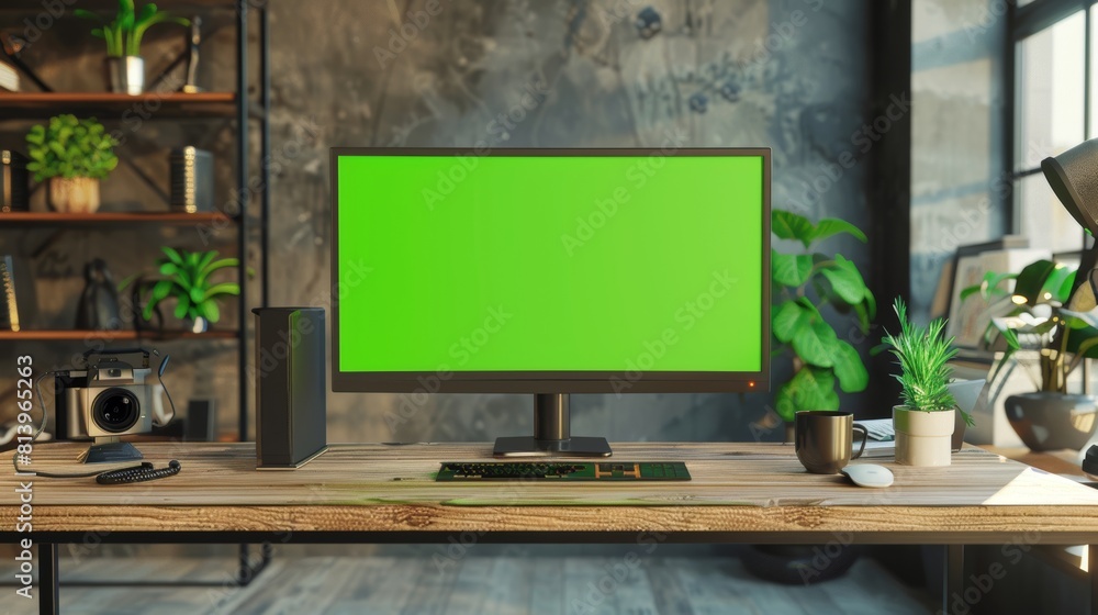 Poster monitor on wooden desk with green screen chromakey mock up display. game development office workstat