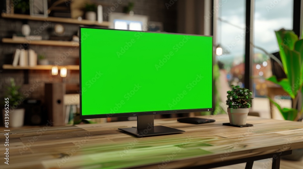 Aufkleber a wood desk holds a desktop computer monitor and a green screen chromakey mockup display showing a g