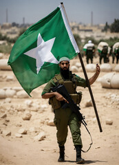 Fototapeta premium soldier in uniform with flag