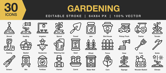 Set of 30 Gardening icon set. Editable Stroke Icon Collection. Includes seeding, scarecrow, fence, fork, tractor and More. Outline icons vector collection.