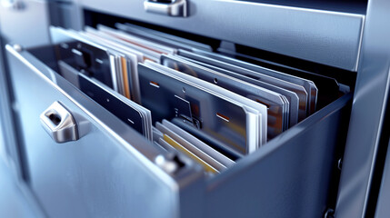 Close-up view of an open gray filing cabinet drawer showing organized hanging folders.