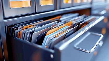 Close-up view of open file drawer with multiple folders filled with documents, in an office setting.