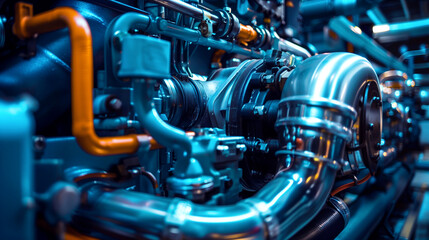 Close-up view of a complex industrial machine with intricate piping and shiny metallic parts.