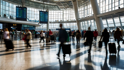 a busy airport terminal with people walking around, motion blurred photo	