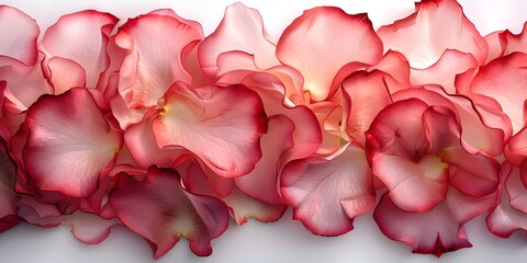 Obraz premium Pink Rose Petals Closeup on White Background - Perfect for Web Banner. Concept Floral Photography, Nature, Closeup Shots, Rose Petals, White Background