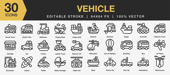 Set of 30 Vechile icon set. Editable Stroke Icon Collection. Includes truck, car, boat, helicopter, excavator and More. Outline icons vector collection.