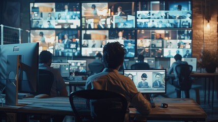 A CCTV surveillance footage, multiple screens in the office show people working. Data Protection and Security Mock-up Template.
