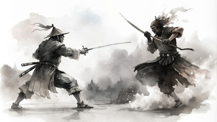 Watercolor illustration of Samurai battles Traditional Japanese ink wash painting  © Mystery