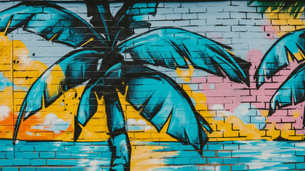 Pop art comic street graffiti with a tropical beach on a brick wall. Summer concept background.