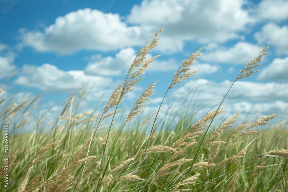 Poster a serene scene of tall grass swaying gently in the breeze, with a soft focus on distant clouds and a