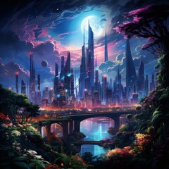 Capture a high-angle view of a futuristic cityscape merging with lush, untouched wildlife Infuse vibrant neon lights with natural hues to convey the harmony of coexisting worlds