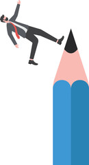 Development stops. Businessman slips and falls on pencil

