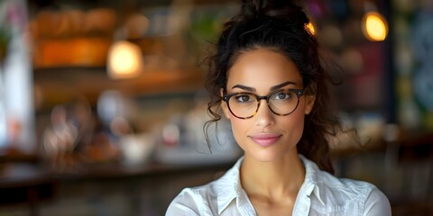 Portrait of a biracial woman with frizzy hair wearing a white shirt and glasses in a cafe. Concept Portrait Photography, Diversity in Fashion, Glasses Style, Cafe Vibes, Natural Hair Styling - Powered by Adobe