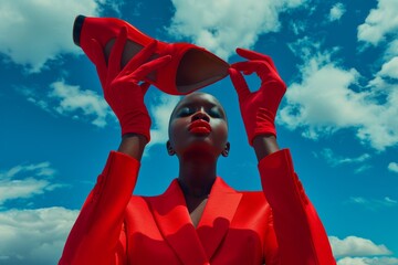 Elegant woman in red fashion outfit holding high heels against a blue sky