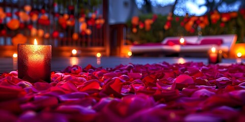 Romantic rooftop setting with bed of rose petals and candlelit ambiance. Concept Romantic Rooftop, Rose Petals, Candlelit Ambiance