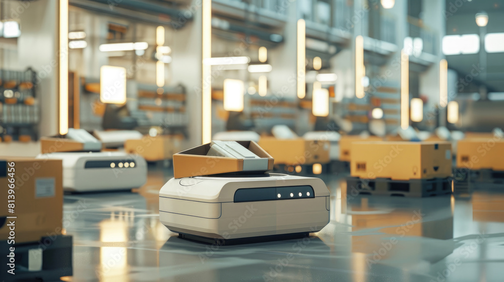Poster high-tech e-commerce hub where robots in the warehouse pack environmentally friendly materials for s