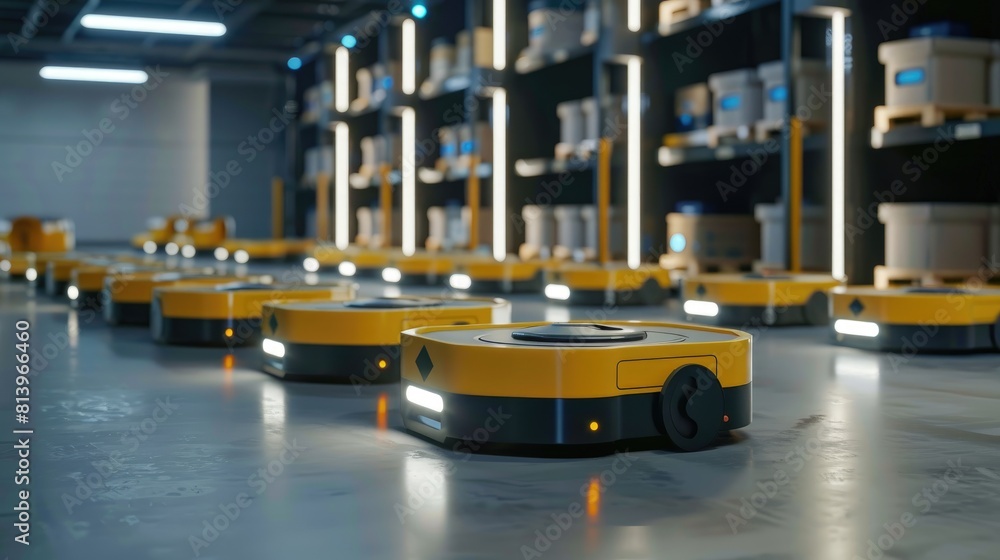 Poster high-tech e-commerce hub where robots in the warehouse pack environmentally friendly materials for s