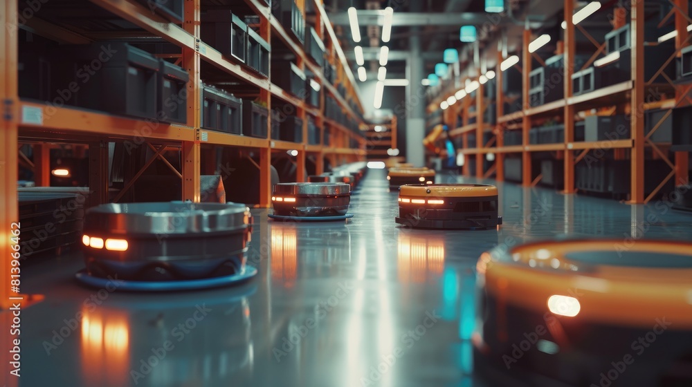 Poster high-tech e-commerce hub where robots in the warehouse pack environmentally friendly materials for s