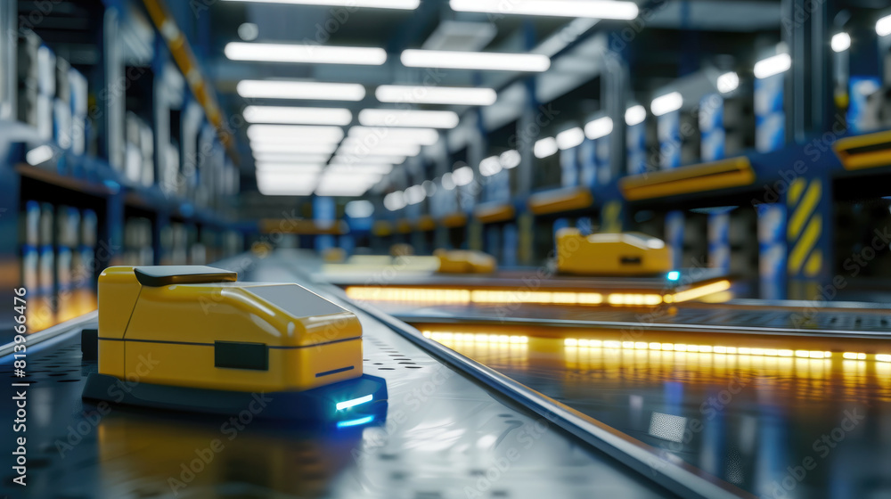 Poster high-tech e-commerce hub where robots in the warehouse pack environmentally friendly materials for s