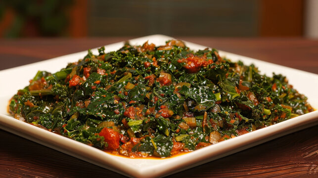 Vibrant plate of sukuma wiki, a classic kenyan delicacy made from collard greens simmered with tomatoes and spices