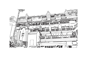 Print Building view with landmark of Santa Monica is the city in Los Angeles County. Hand drawn sketch illustration in vector.