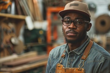 African American craftsman teaching apprentices,Young African American male in cap, glasses, denim shirt, apron, workshop background, serious, earnest expression, leans on hands.