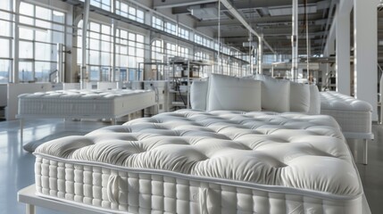 Rows of luxurious white mattresses in a bright, modern manufacturing facility with large windows.