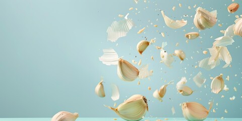 Garlic cloves flying in the air against a blue background.