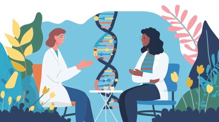 Highly detailed real-world shot of a genetic counselor discussing a personalized medicine plan with a patient, illustrator style, DNA strands visualized