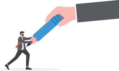 Fight for personal development. Big hand pulling a pencil tug of war with a small businessman

