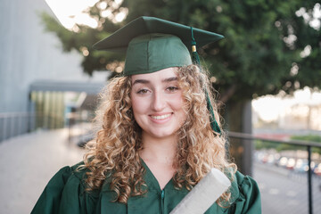 Smiling young woman with the university degree in her hands on her graduation day. Concept: studies.