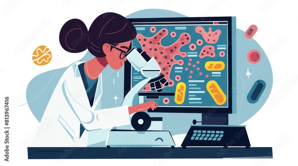 Poster student using a digital microscope connected to a computer, illustrator style, close-ups of specimen