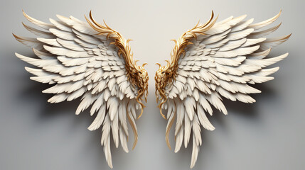 Artistic Design Of White or Cream And Gold Feathered Wings On White Background