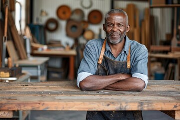 African American woodworker engaging with customers, Confident mature man in workshop, crossed arms over workbench, denim apron, light shirt, genuine smile, workshop tools and wood pieces in backdrop. - Powered by Adobe