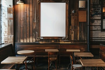 Modern Rustic Bar Interior with Blank White Projector Screen