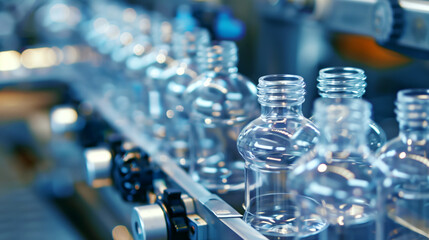 Naklejka premium Crystal clear plastic bottles on a conveyor belt in a modern manufacturing environment, reflecting industrial precision.