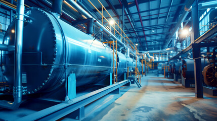 A modern industrial interior of a factory with large pipes and sophisticated machinery.
