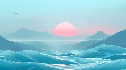 Beautiful sea landscape with mountains at sunset