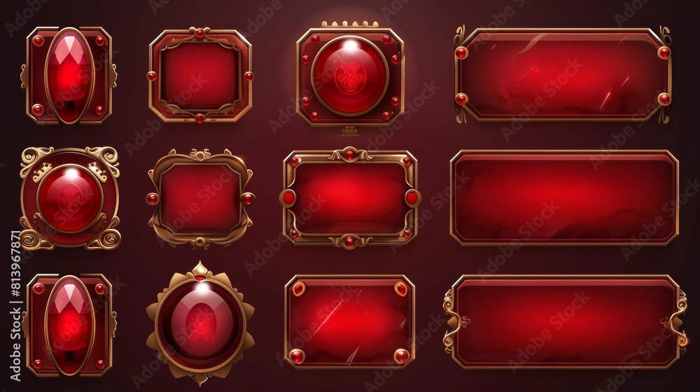Poster the red ui button frame for the fantasy game banner modern. the medieval title bar element set. the 