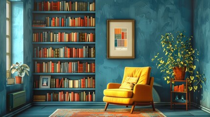 illustration a cozy reading nook with a stack of books on psychology and wellness, inviting armchair included.